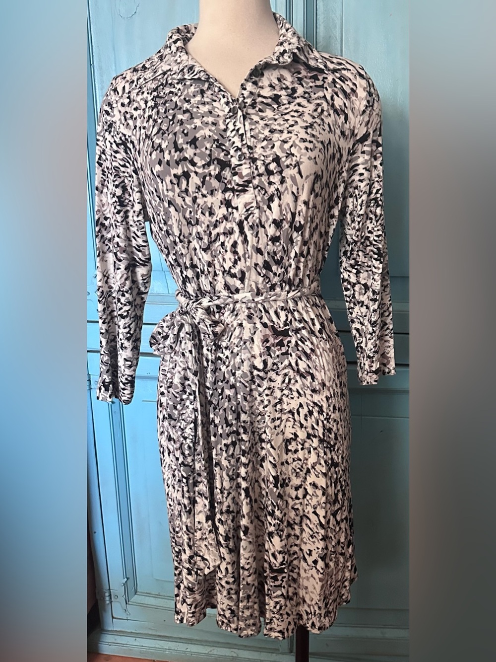 CAbi Neutral Speckle Print Long Sleeve Tie-Waist Dress